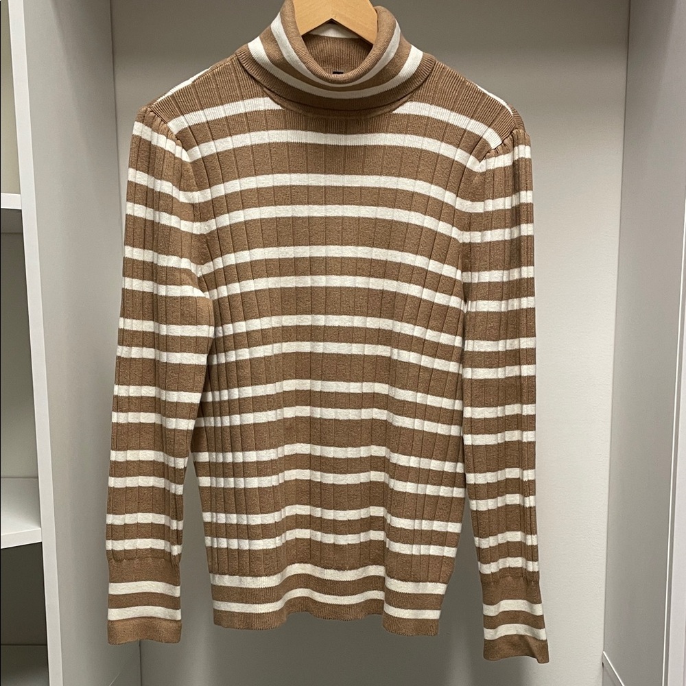 Talbots Brown and Cream Striped Turtleneck Sweater Puffed Shoulders